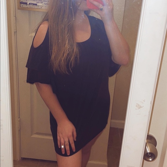 Cold Shoulder Layered Sleeve Black Dress - Picture 1 of 2